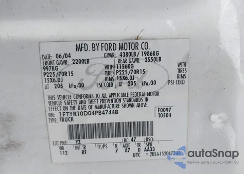 2004 Ford Ranger Xl/Xlt z USA, uszkodzony, nr VIN 1FTYR10D04PB47448